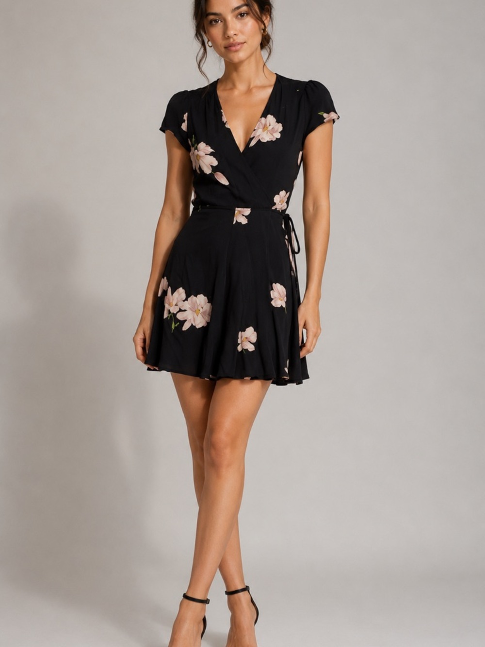 Reformation Black Wrap Mini Dress with Pale Pink Floral Print